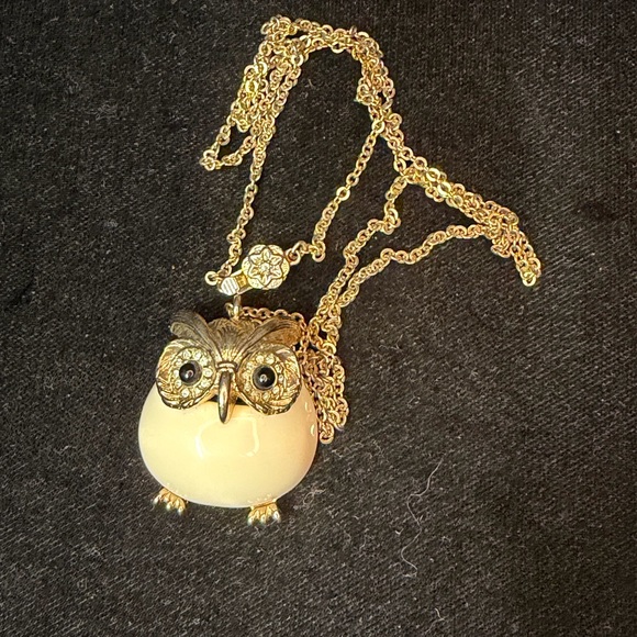 Gold and Cream Owl Pendant Necklace - Picture 2 of 4